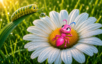 Bild aus dem Mitmach-Bilderbuch „Ameise Namenlos“ – Ameise Namenlos begegnet einer Raupe auf einer Blume.