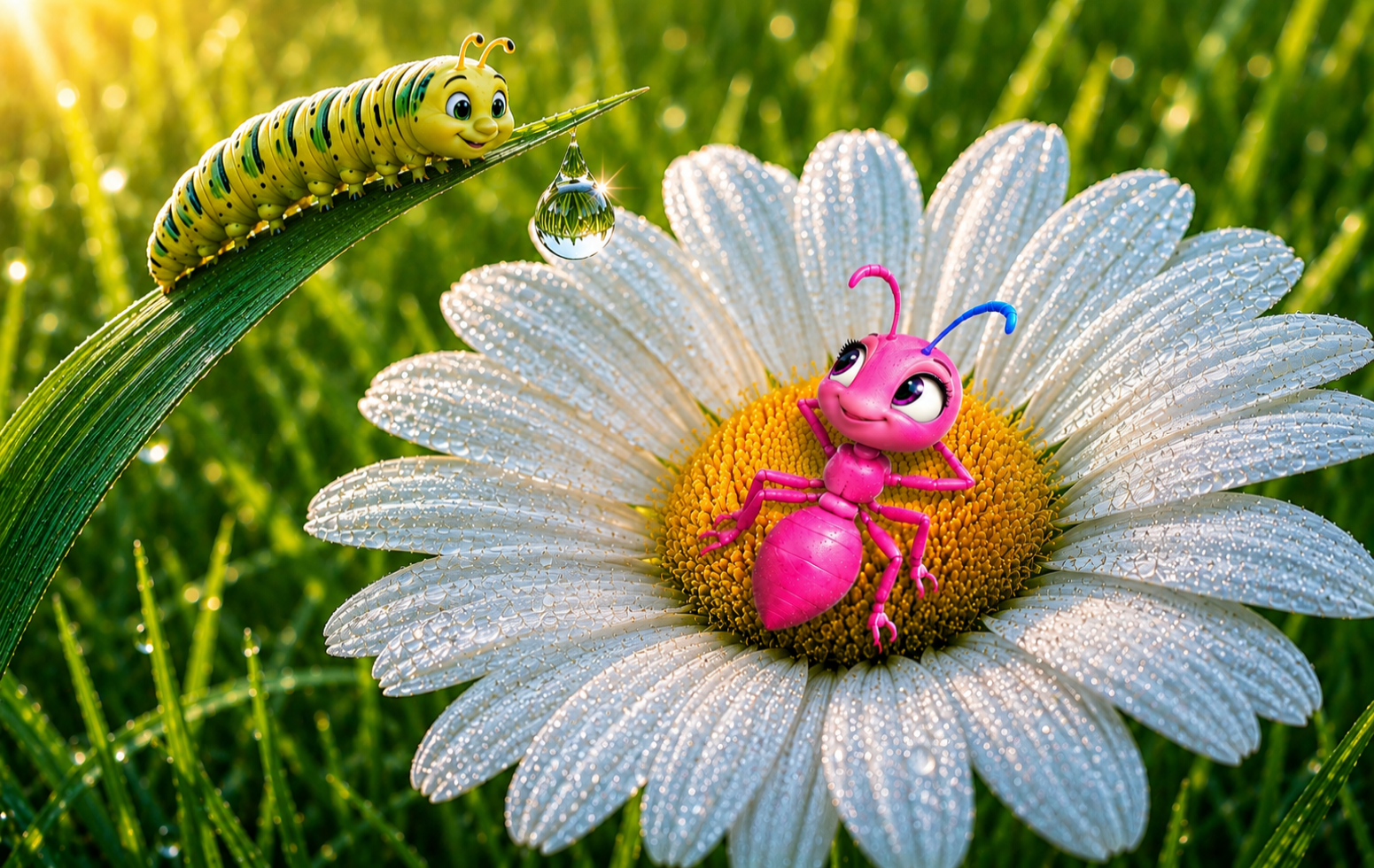 Bild aus dem Mitmach-Bilderbuch „Ameise Namenlos“ – Ameise Namenlos begegnet einer Raupe auf einer Blume.