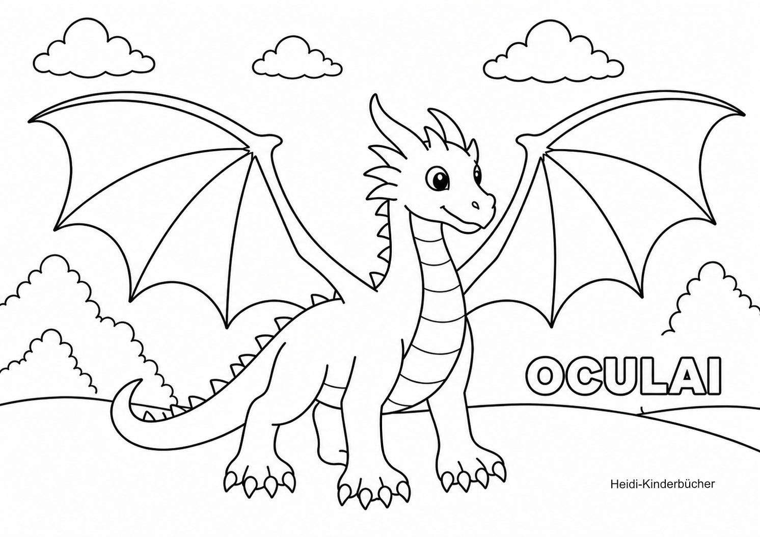 Ausmalbild von Drachen Oculai zur Abenteuergeschiche "Linus und der Drache Oculai" von Heidi Sutter