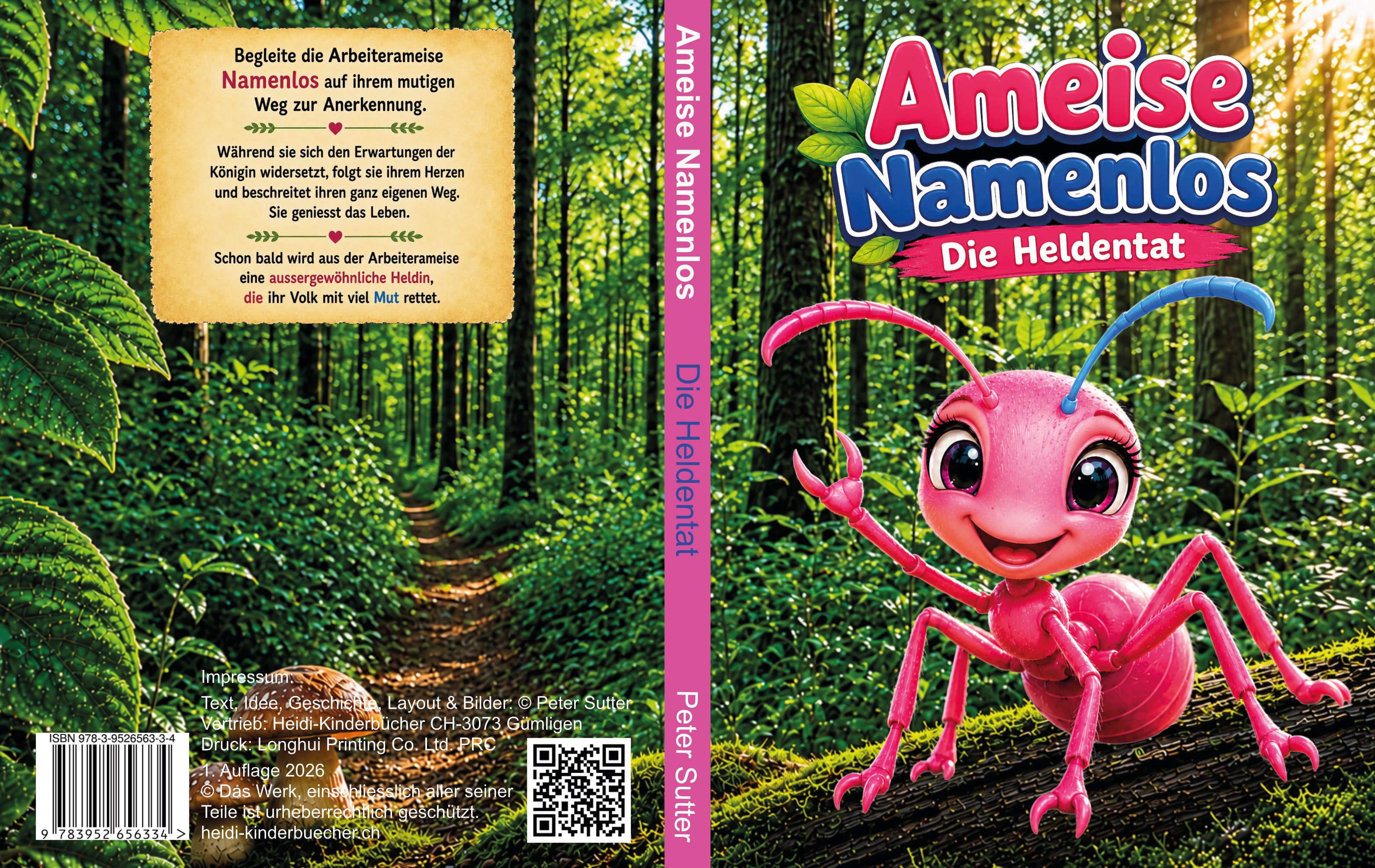 Buchcover, Buchrücken und Rückseite des Mitmach-Bilderbuchs „Ameise Namenlos – Die Heldentat“ von Heidi Sutter.