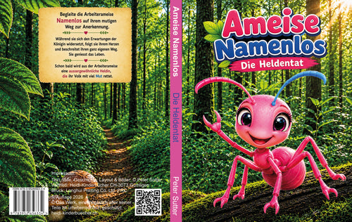 Buchcover, Buchrücken und Rückseite des Mitmach-Bilderbuchs „Ameise Namenlos – Die Heldentat“ von Heidi Sutter.