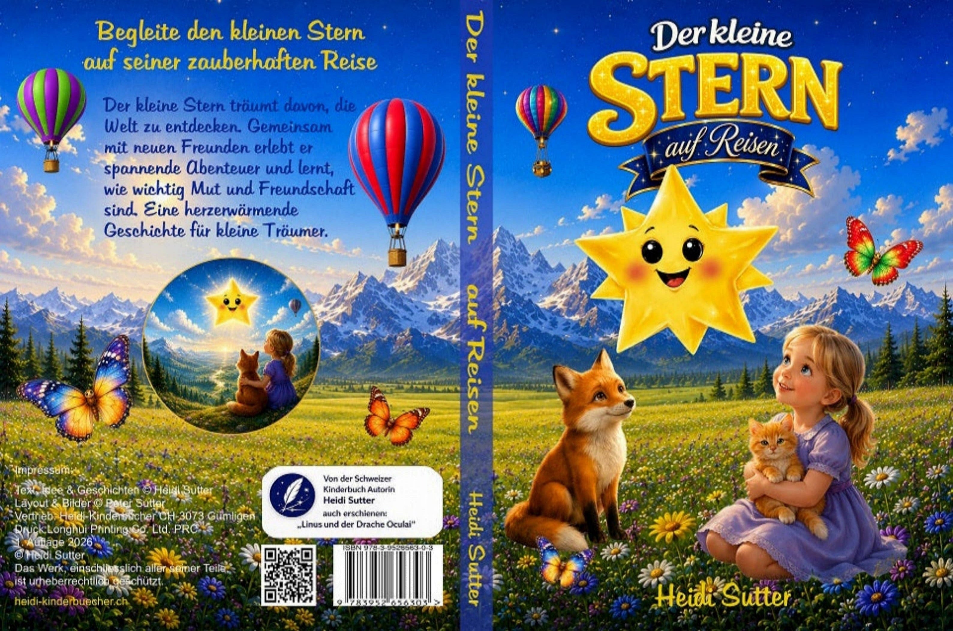 Buchcover, Buchrücken und Rückseite des Bilderbuchs „Der kleine Stern auf Reisen“ von Heidi Sutter.
