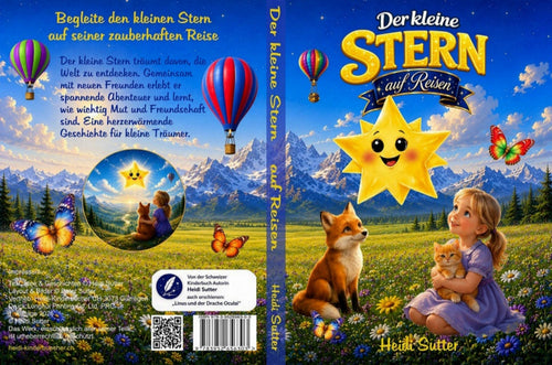 Buchcover, Buchrücken und Rückseite des Bilderbuchs „Der kleine Stern auf Reisen“ von Heidi Sutter.