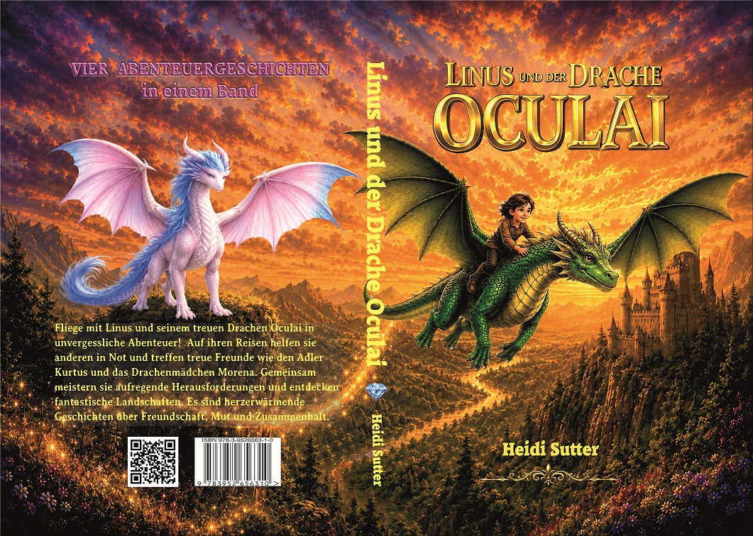 Buchcover, Buchrücken und Rückseite des Kinderbuchs „Linus und der Drache Oculai“ von Heidi Sutter.