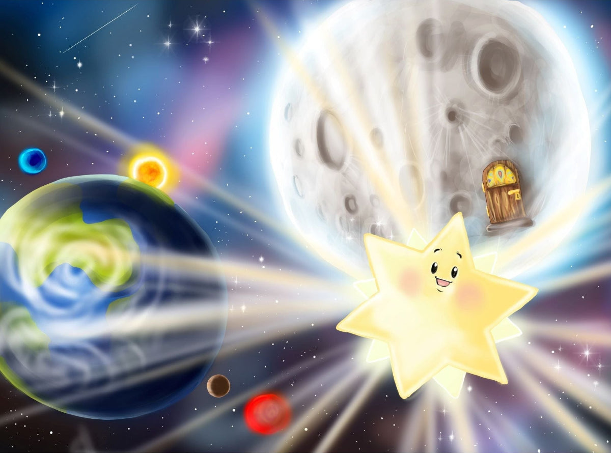 Kinderbuch-Illustration einer bunten Weltraumszene: Erde links, grosser Mond mit Tür, fröhlicher gelber Stern, strahlende Lichtbögen und kleine Planeten im Sternenhimmel.