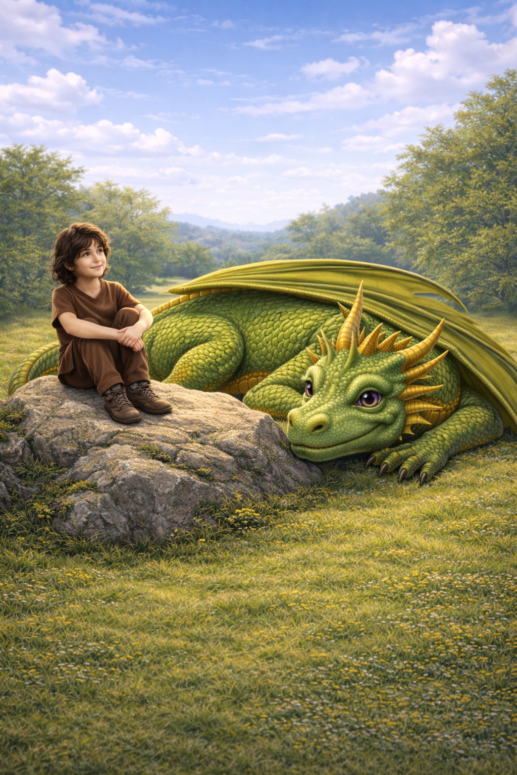 Linus und der Drache Oculai bei einer Pause. Von Heidi Sutter