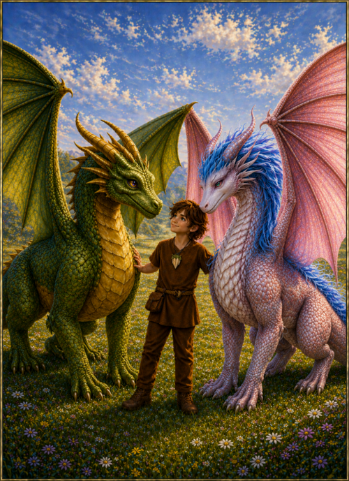 Linus steht zwischen den Drachen Oculai und Morena – Bild aus dem Kinderbuch „Linus und der Drache Oculai“.