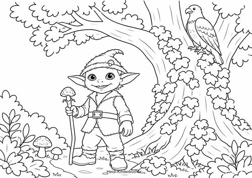 Ausmalbild von grünen Männcheni zur Abenteuergeschiche "Linus und der Drache Oculai" von Heidi Sutter